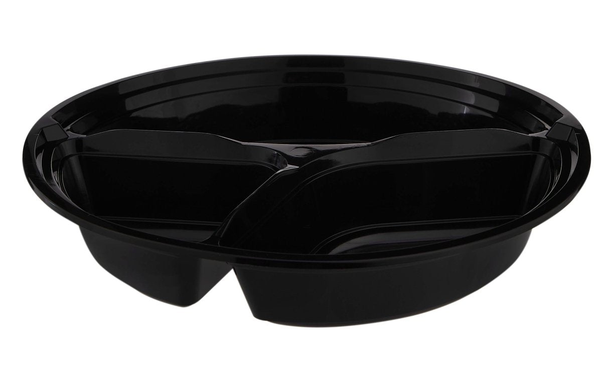 CONTENEDOR REDONDO DE BASE NEGRA 48OZ 3 COMPARTIMENTOS