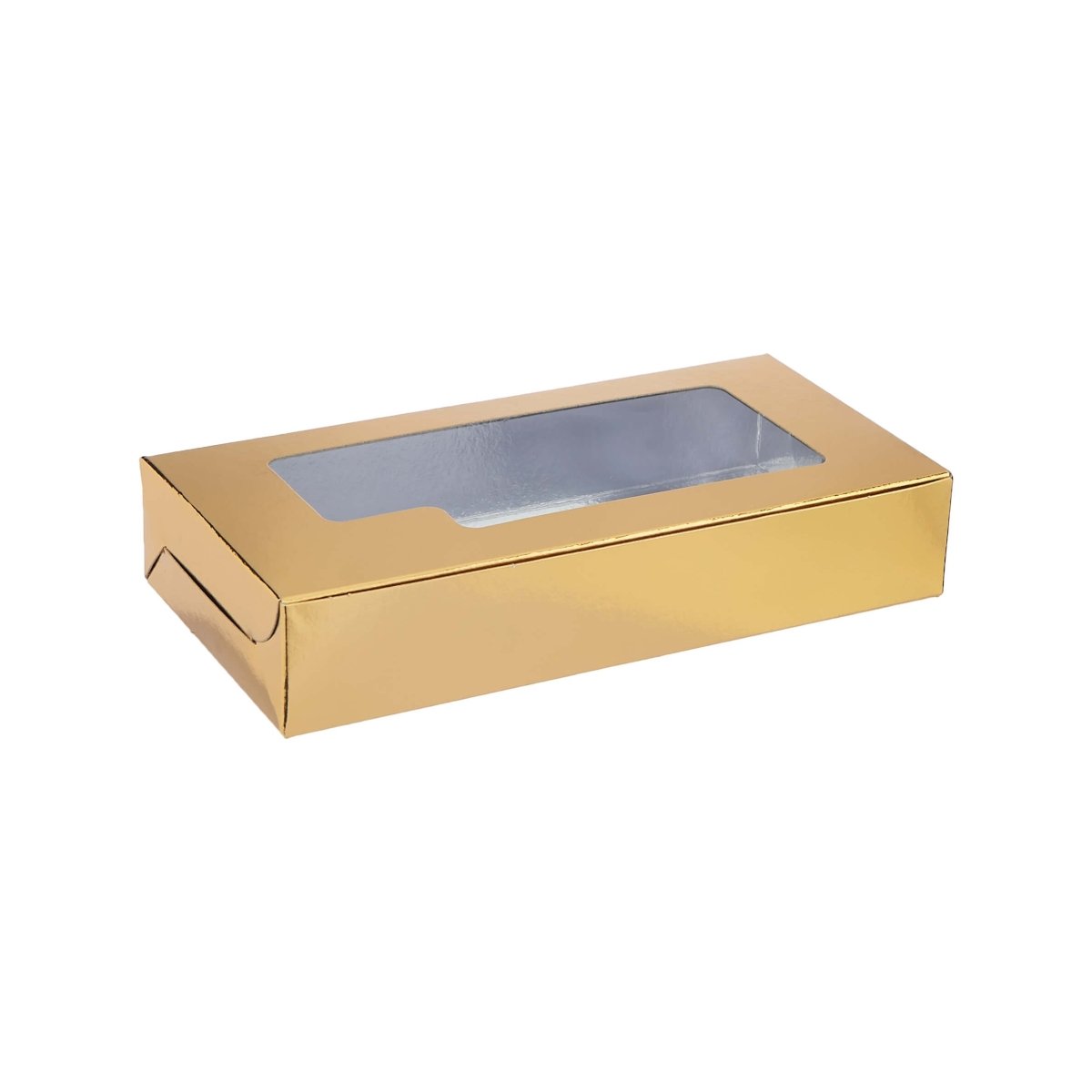CAJA PARA DULCES DE ALUMINIO DORADA CON VENTANA 25X10CM, 5PCS