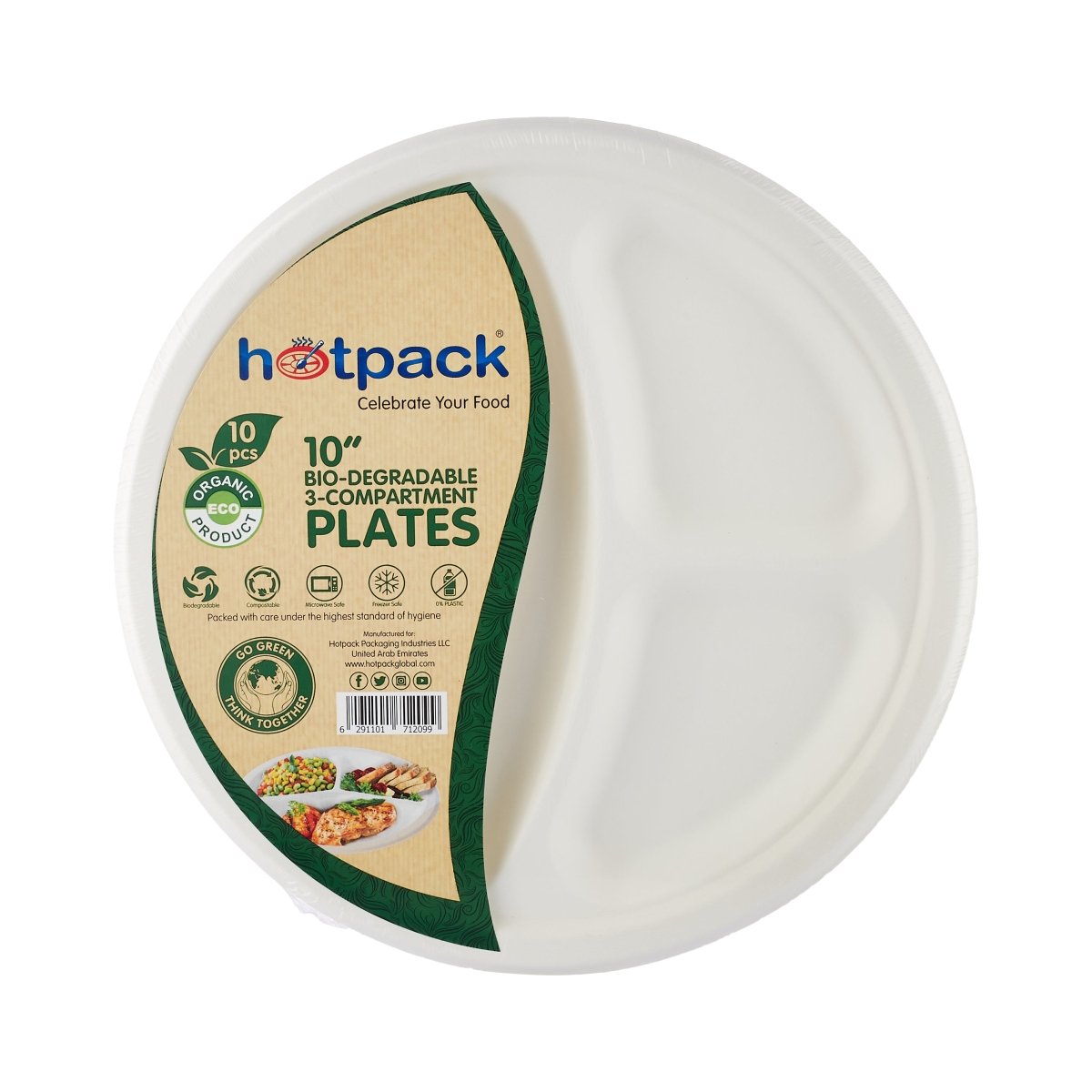 PLATO DE PAPEL BIODEGRADABLE DE 10" CON 3 COMPARTIMENTOS 10PCS
