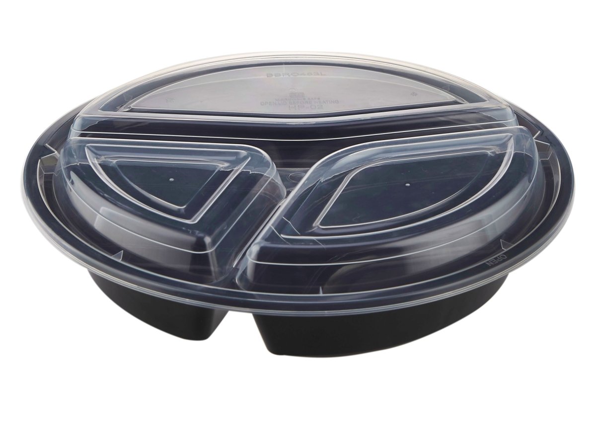 CONTENEDOR REDONDO PP BASE NEGRA PARA MICROONDAS 3 COMPARTIMENTOS+TAPAS 5PCS